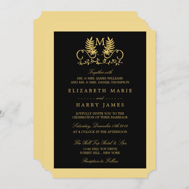 Golden Floral Emblem Wedding Invitation (Front/Back)