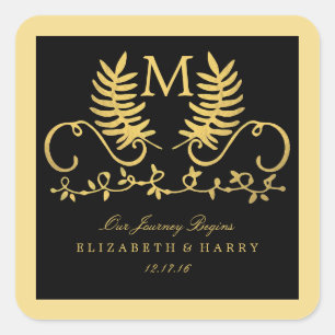 Golden Floral Emblem Wedding Square Sticker