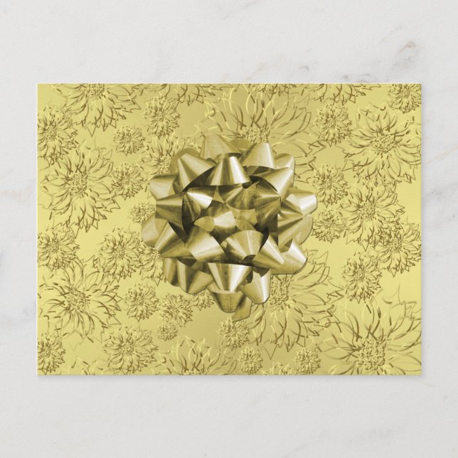 Golden Floral Foil Christmas Wrapping with Bow Holiday Postcard (Front)