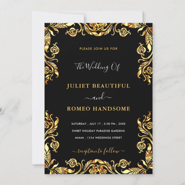Golden Floral Frame Wedding Invitations Example (Front)