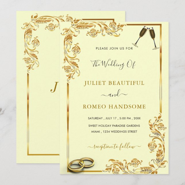 Golden Floral Framed Wedding Invitation Example (Front/Back)