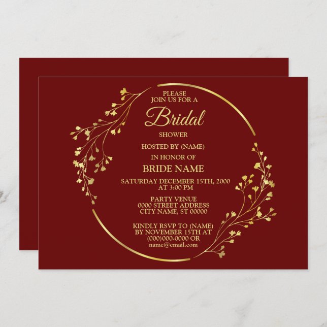 Golden Floral Geometric Wreath Red Bridal Shower Invitation (Front/Back)