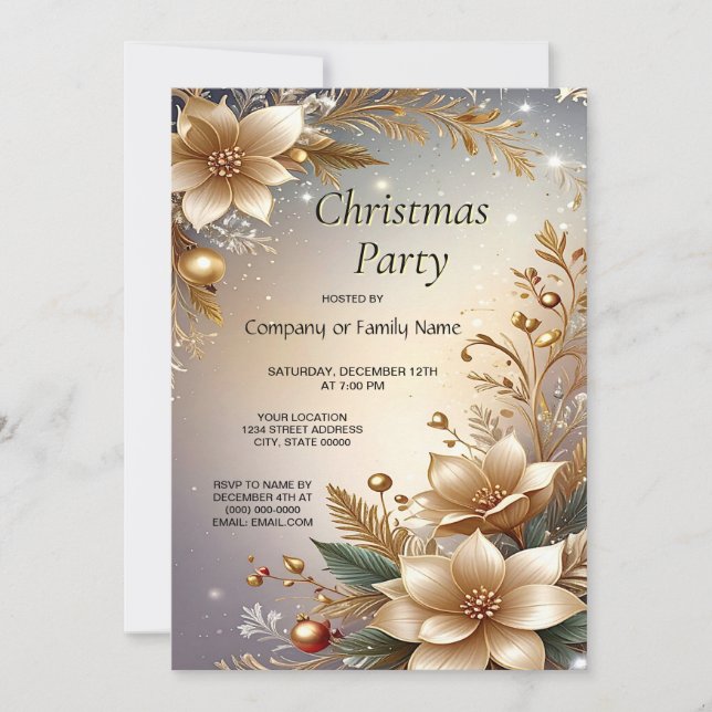 Golden Floral Holiday Party Invitation (Front)