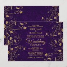 Golden Floral Leaves Pattern Purple Modern Wedding
