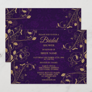 Golden Floral Leaves Purple Bridal Shower party Invitation