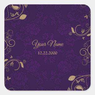 Golden Floral Leaves Purple Wedding Party Modern Square Sticker