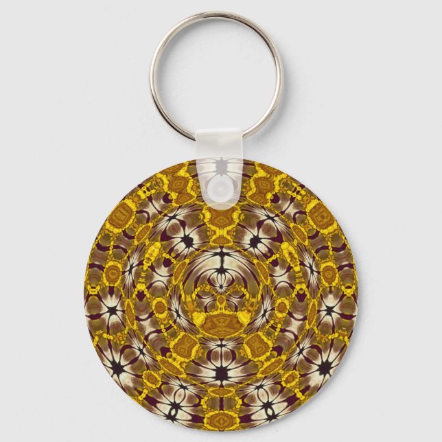 Golden Floral Mandala Boho Pattern Key Ring (Front)