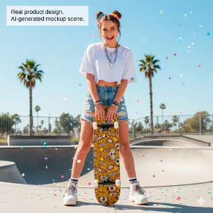 Golden Floral Mandala Boho Pattern Skateboard