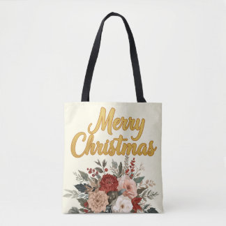 Golden Floral Merry Christmas Bouquet Tote Bag
