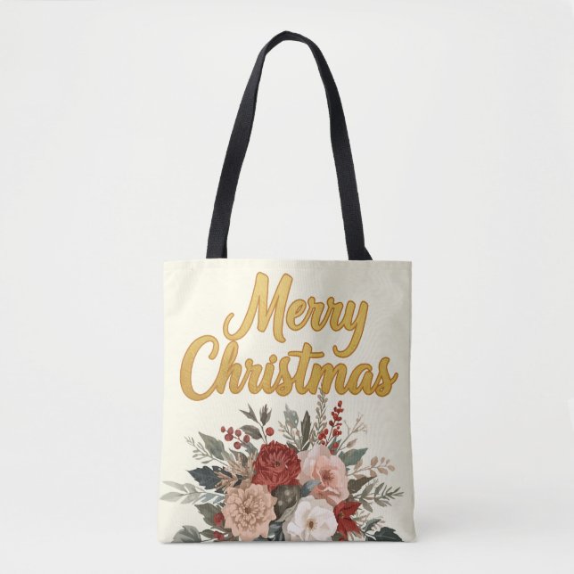 Golden Floral Merry Christmas Bouquet Tote Bag (Front)