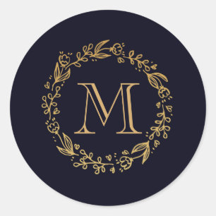 Golden Floral Monogram Classic Round Sticker