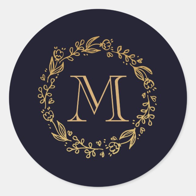 Golden Floral Monogram Classic Round Sticker (Front)