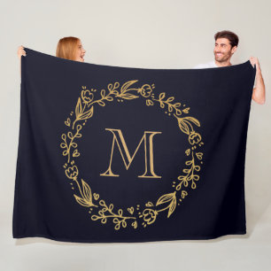 Golden Floral Monogram Fleece Blanket