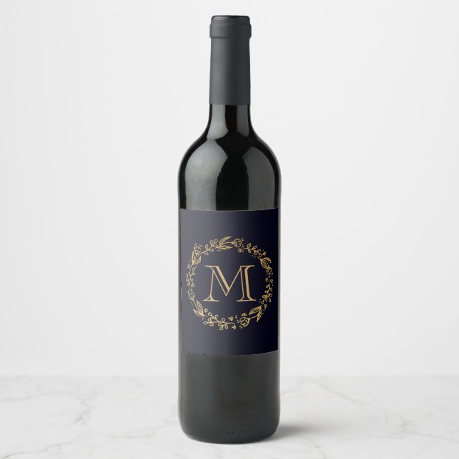 Golden Floral Monogram Wine Label (Front)