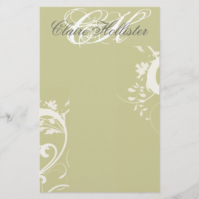 Golden Floral Monogrammed Swirls Feminine Stationery (Front)