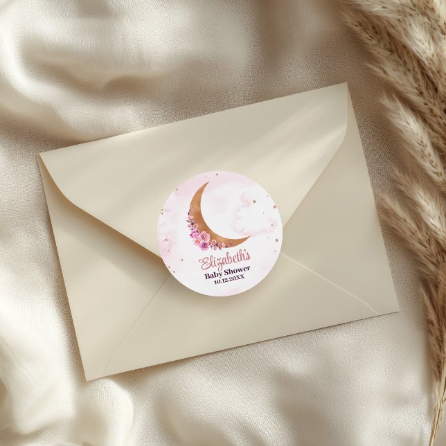 Golden Floral Moon Baby Shower  Classic Round Sticker (Golden Floral Moon Baby Shower Classic Round Sticker on an elegant envelope.)