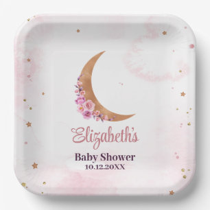 Golden Floral Moon Baby Shower  Paper Plate