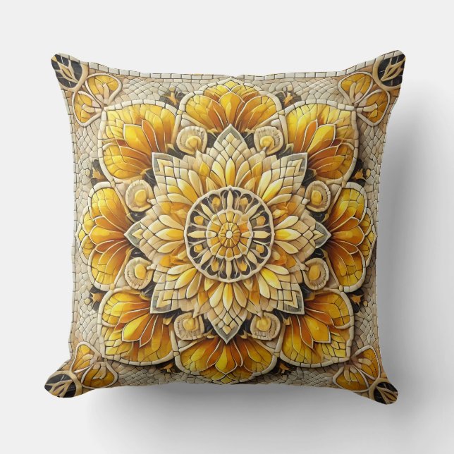 Golden Floral Mosaic: Luxurious Decorative Art Cushion (Front)