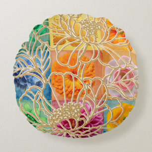 Golden Floral Mosaic Round  Pillow 