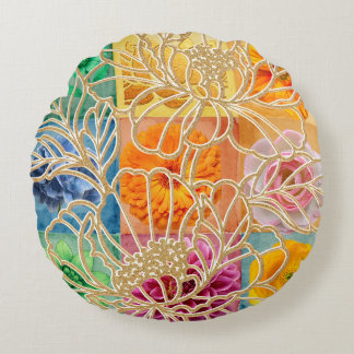Golden Floral Mosaic Round Pillow