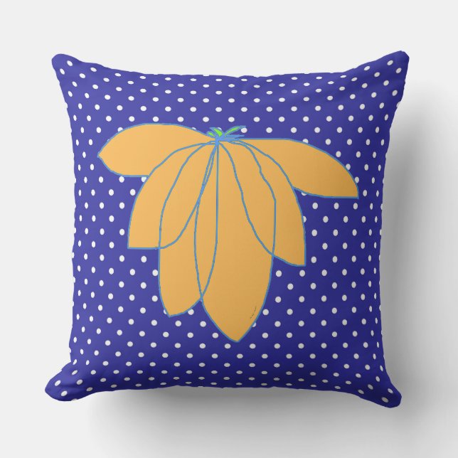 Golden Floral On Blue White Dots  Cushion (Front)