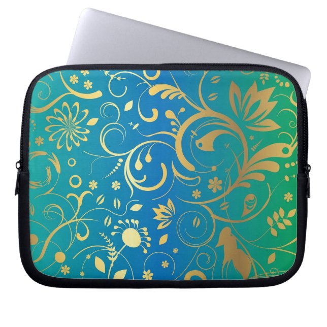 Golden Floral on Green and Blue Gradient Back Laptop Sleeve (Front)