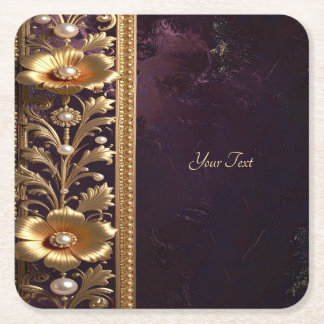 Golden Floral Ornament with Pearls Paper Coaster