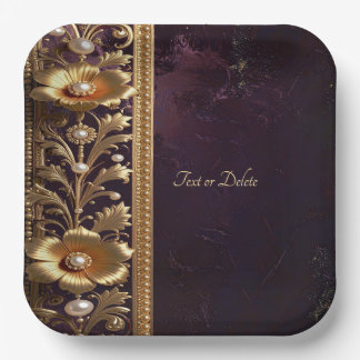 Golden Floral Ornament with Pearls Paper Plate