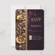 Golden Floral Ornament with Pearls RSVP Card
