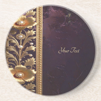 Golden Floral Ornament with Pearls Sandstone Coaster