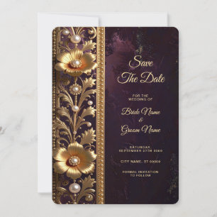 Golden Floral Ornament with Pearls Save The Date
