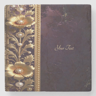 Golden Floral Ornament with Pearls Stone Coaster