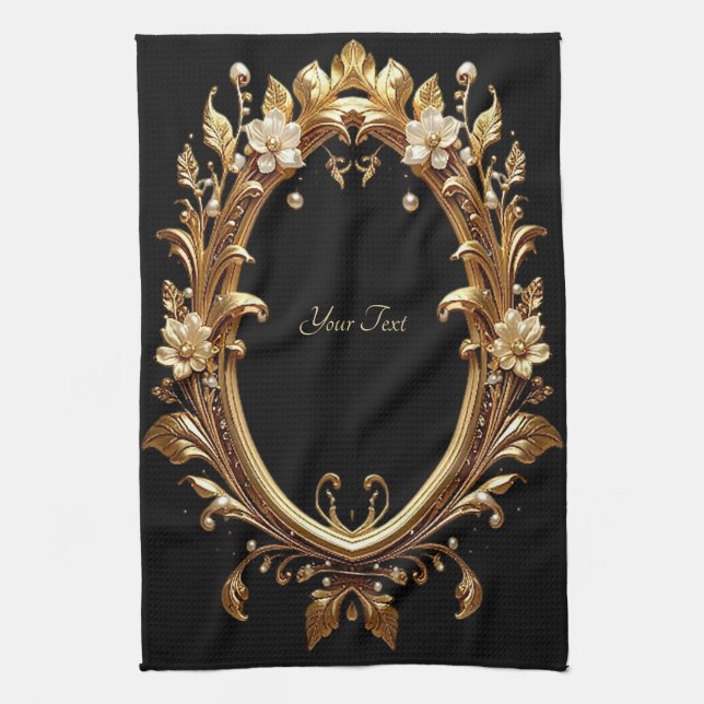 Golden Floral Ornate Frame Kitchen Towel (Vertical)