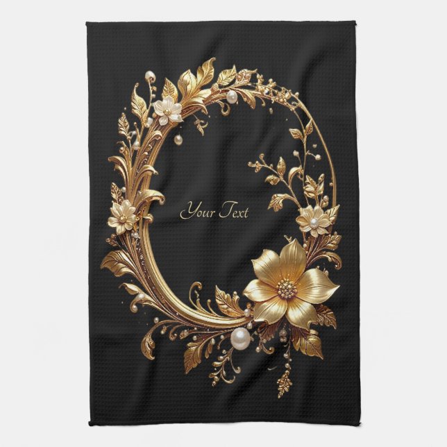 Golden Floral Ornate Frame Kitchen Towel (Vertical)