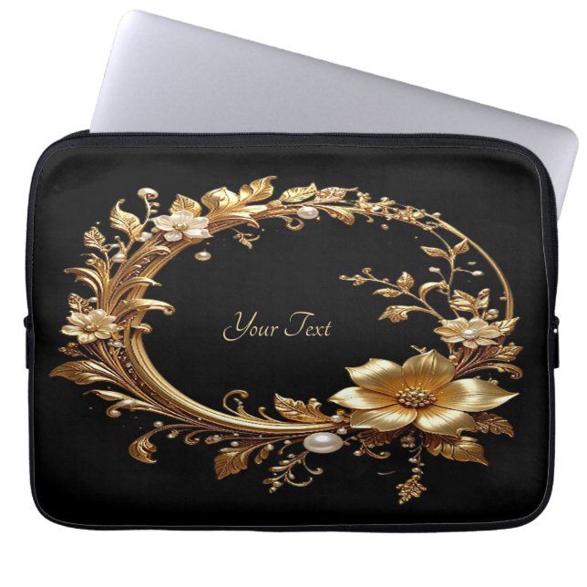 Golden Floral Ornate Frame Laptop Sleeve (Front)