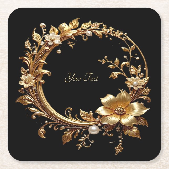 Golden Floral Ornate Frame Paper Coaster (Front)