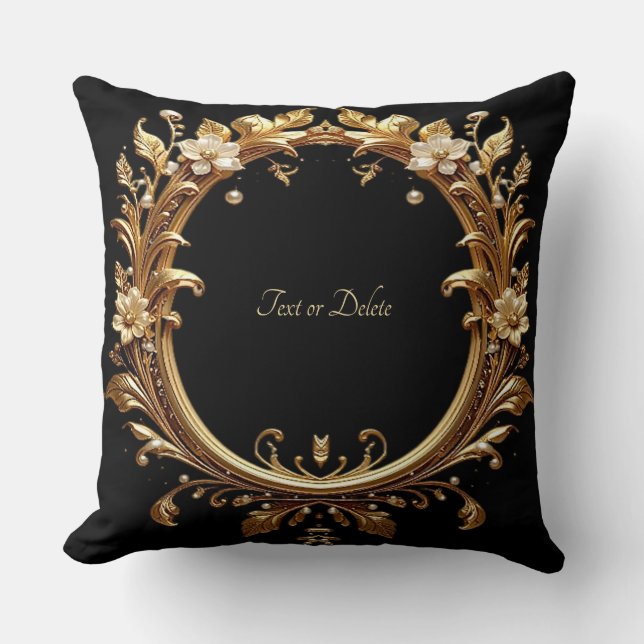 Golden Floral Ornate Frame Throw Pillow (Front)