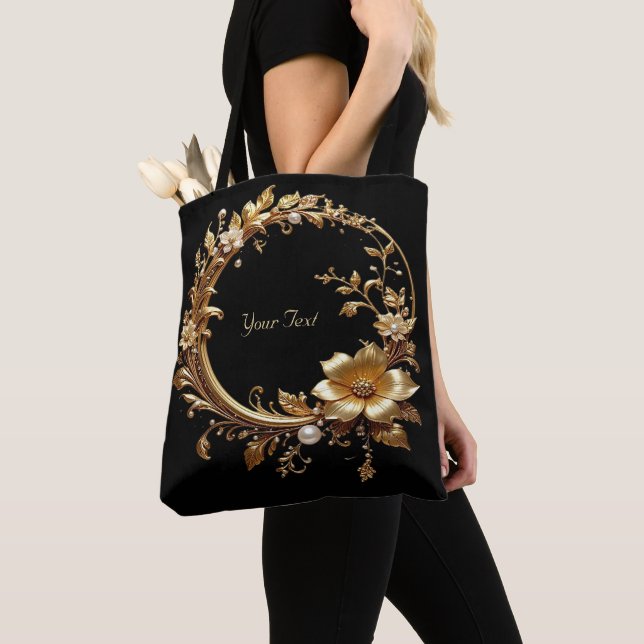 Golden Floral Ornate Frame Tote Bag (Close Up)