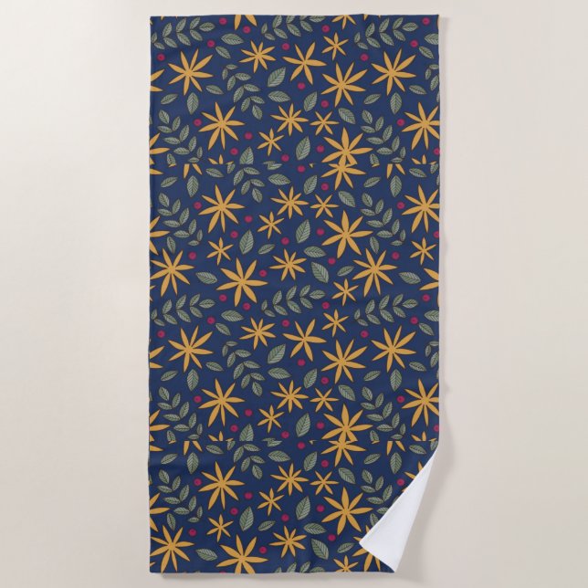 Golden Floral Pattern Botanical Design Beach Towel (Front)