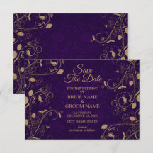 Golden Floral Pattern Leaves Purple Modern Wedding