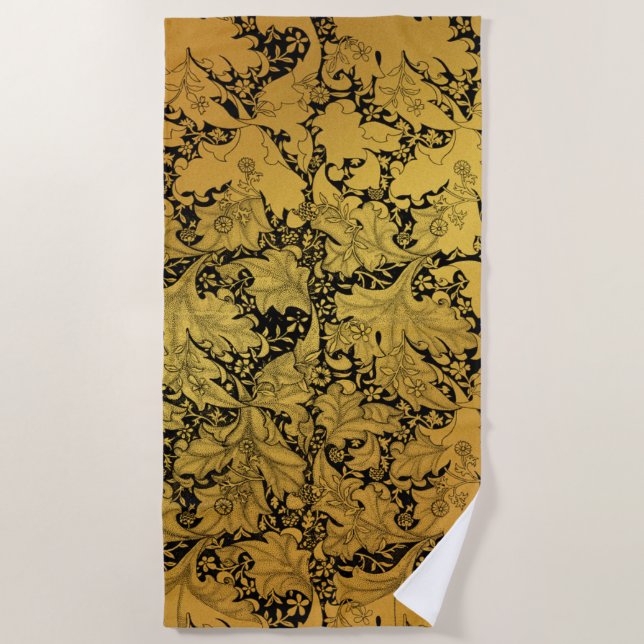 Golden Floral Pattern Oriental Flower Beach Towel (Front)