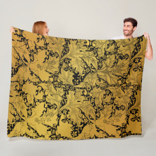 Golden Floral Pattern Oriental Flower Fleece Blanket
