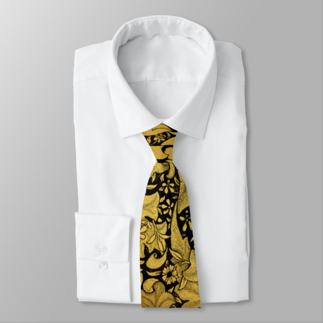 Golden Floral Pattern Oriental Flower Tie (Tied)