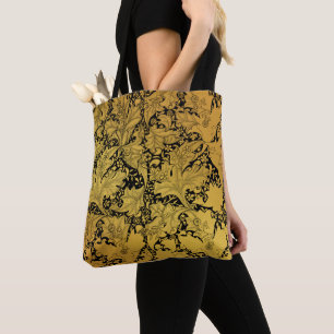 Golden Floral Pattern Oriental Flower Tote Bag