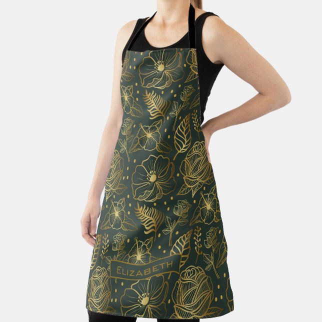 Golden floral seamless pattern personalised name apron (Insitu)