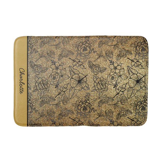 Golden floral seamless pattern personalised name  bath mat (Front)