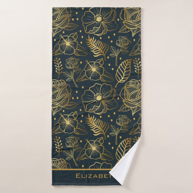 Golden floral seamless pattern personalised name  bath towel (Bath Towel)