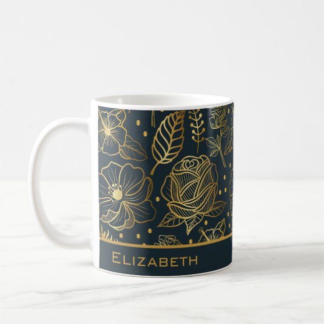 Golden floral seamless pattern personalised name coffee mug (Left)