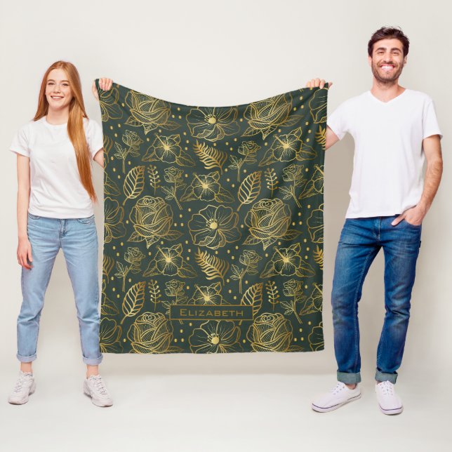 Golden floral seamless pattern personalised name  fleece blanket (In Situ)