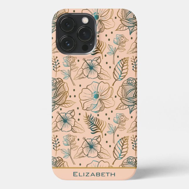 Golden floral seamless pattern personalised name iPhone case (Back)